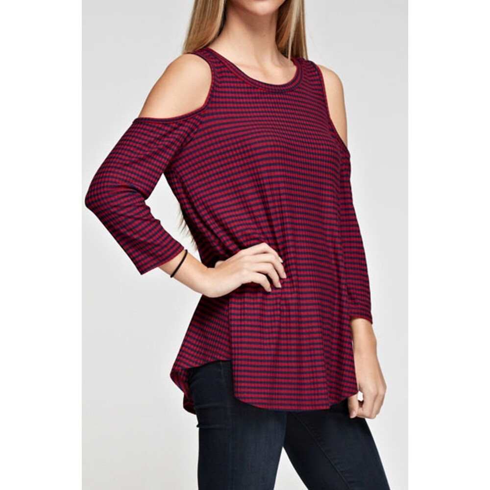 Women’s Magenta Navy Striped Cold Shoulder Top Long Sleeve Size M - Picture 7 of 12